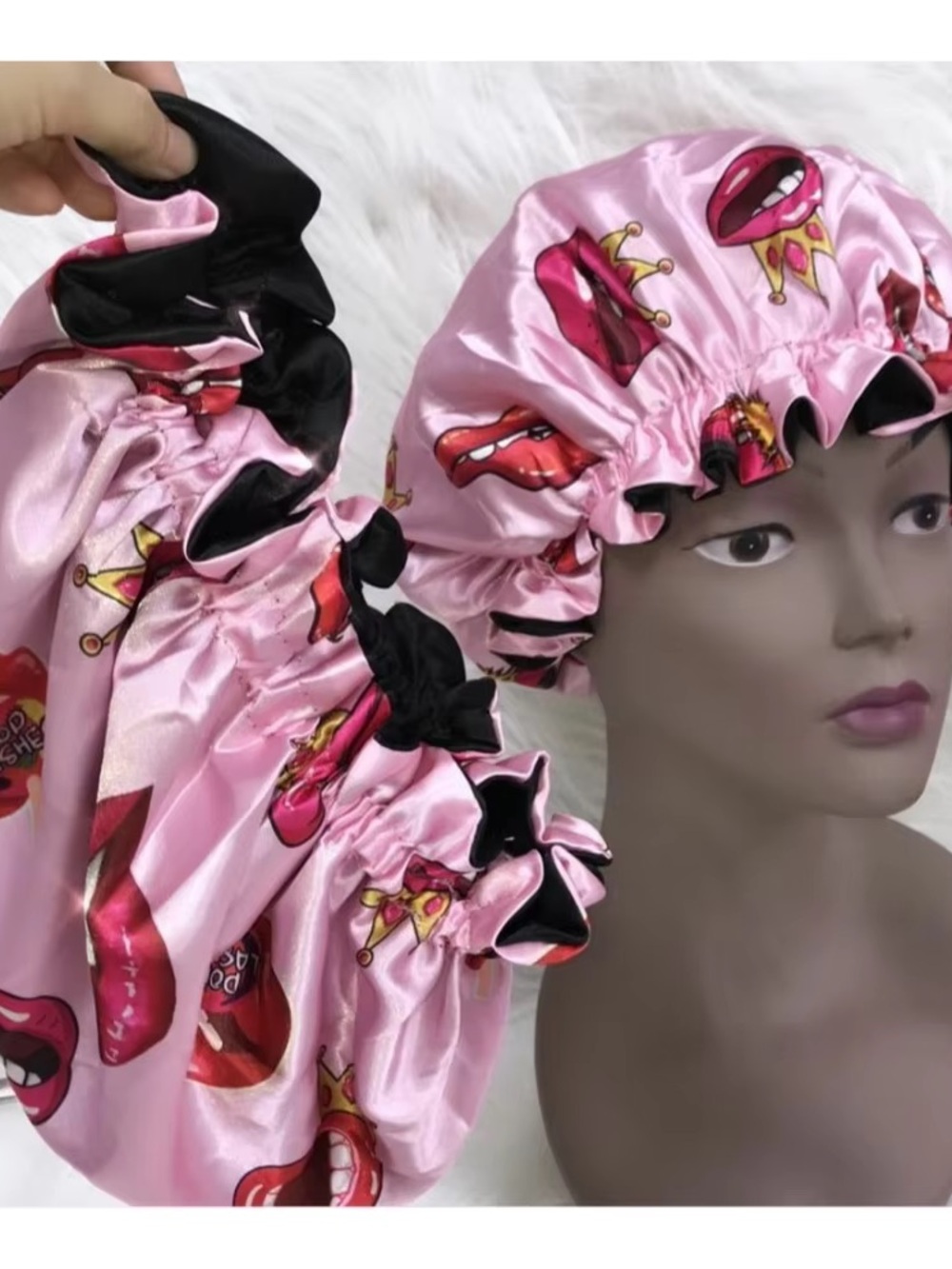 Pink Satin Printed Sleep Bonnet with Crowned Lips Design